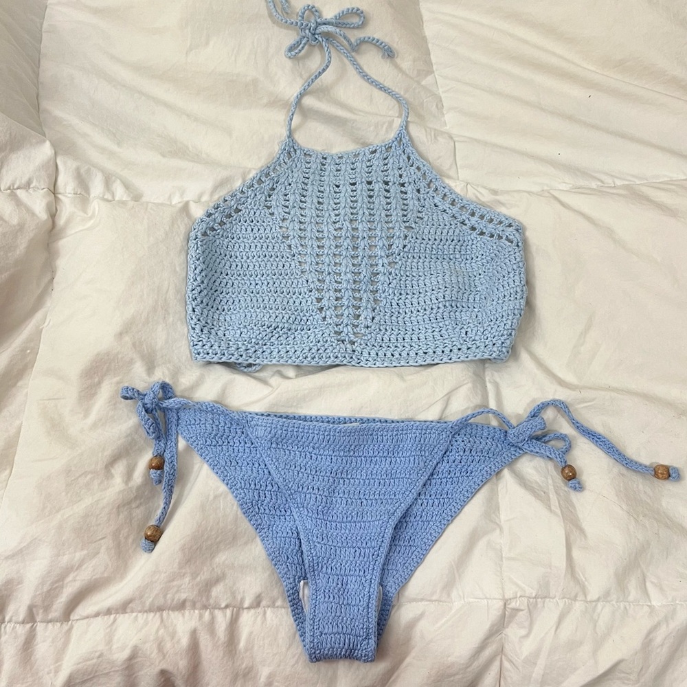 Uo Crochet Knit Bikini Set Swimsuit Blue Small Ur Gem